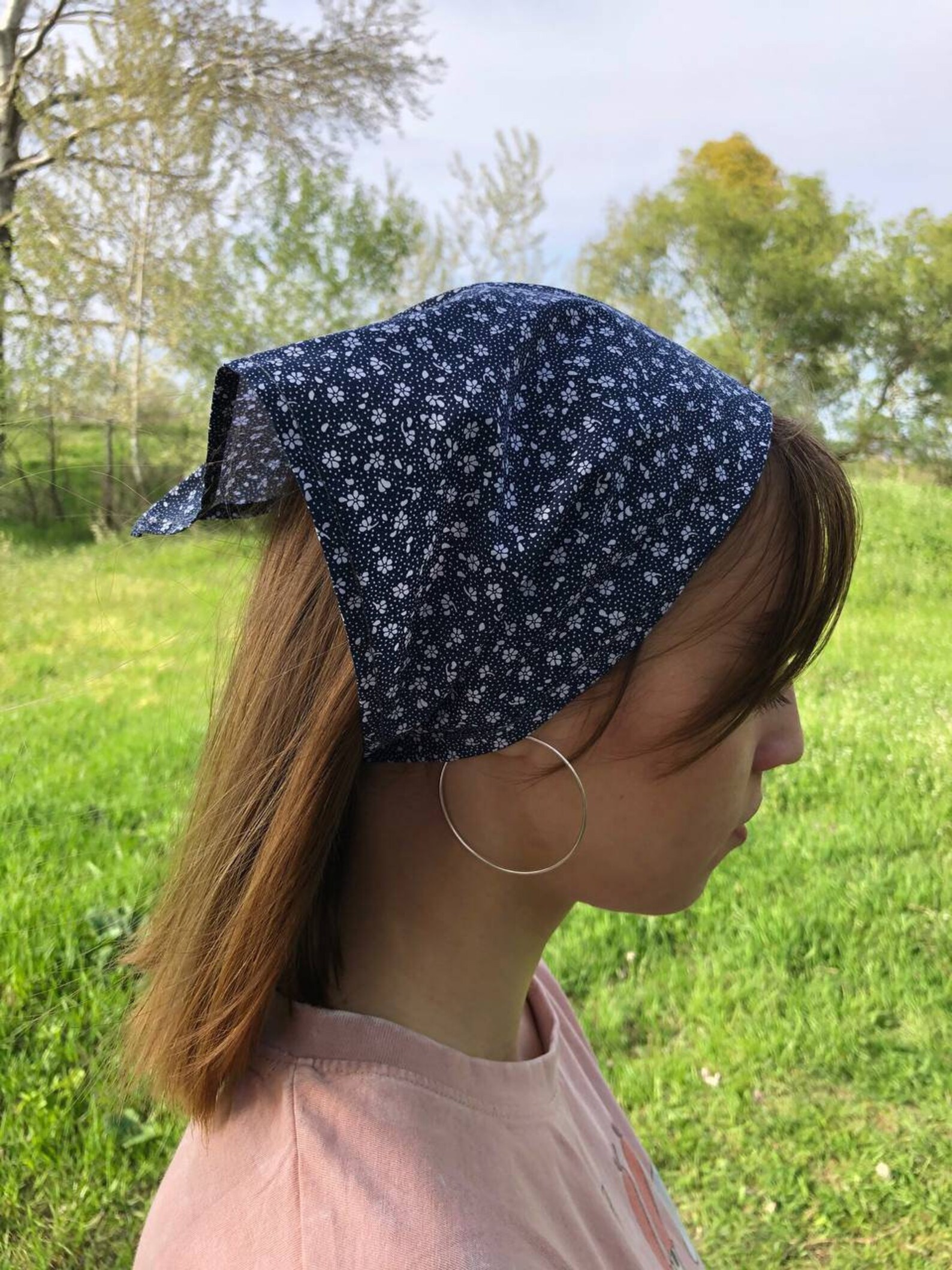 Cottagecore Head Scarf Hair Bandana Dark Blue Floral Kerchief Etsy