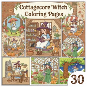 May include: A collection of "Cottagecore Witch Coloring Pages" with 30 pages. The illustrations feature a witch in various scenes, including reading, gardening, and baking. The artwork is in a whimsical, cartoon style with a warm color palette.