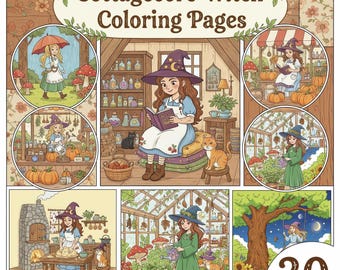 Puede incluir: Una colección de "Cottagecore Witch Coloring Pages" con 30 páginas. Las ilustraciones presentan a una bruja en varias escenas, incluyendo la lectura, la jardinería y la repostería. La obra de arte está en un estilo caprichoso de dibujos animados con una paleta de colores cálidos.