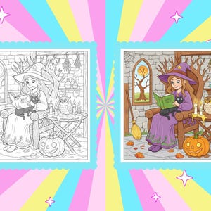 May include: A Halloween-themed illustration featuring a witch reading a book titled "Ghost Tales" while seated in a wooden chair. A black cat sits on her lap. An owl, candles, and a pumpkin are on a side table. The scene is set in a stone room.