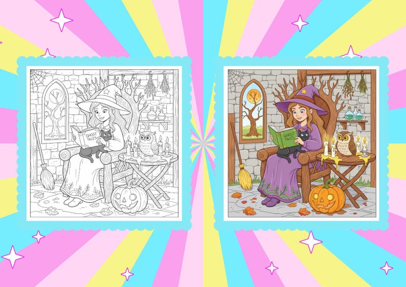 May include: A Halloween-themed illustration featuring a witch reading a book titled "Ghost Tales" while seated in a wooden chair. A black cat sits on her lap. An owl, candles, and a pumpkin are on a side table. The scene is set in a stone room.
