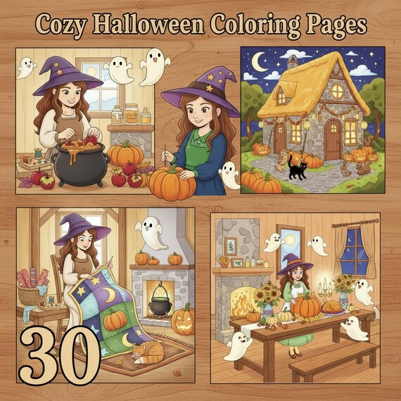 Cozy Halloween Coloring Pages for Adults, Cottagecore Witch Girl Aesthetic, Printable Autumn Set of 30 Spooky Witchy Art Sheets