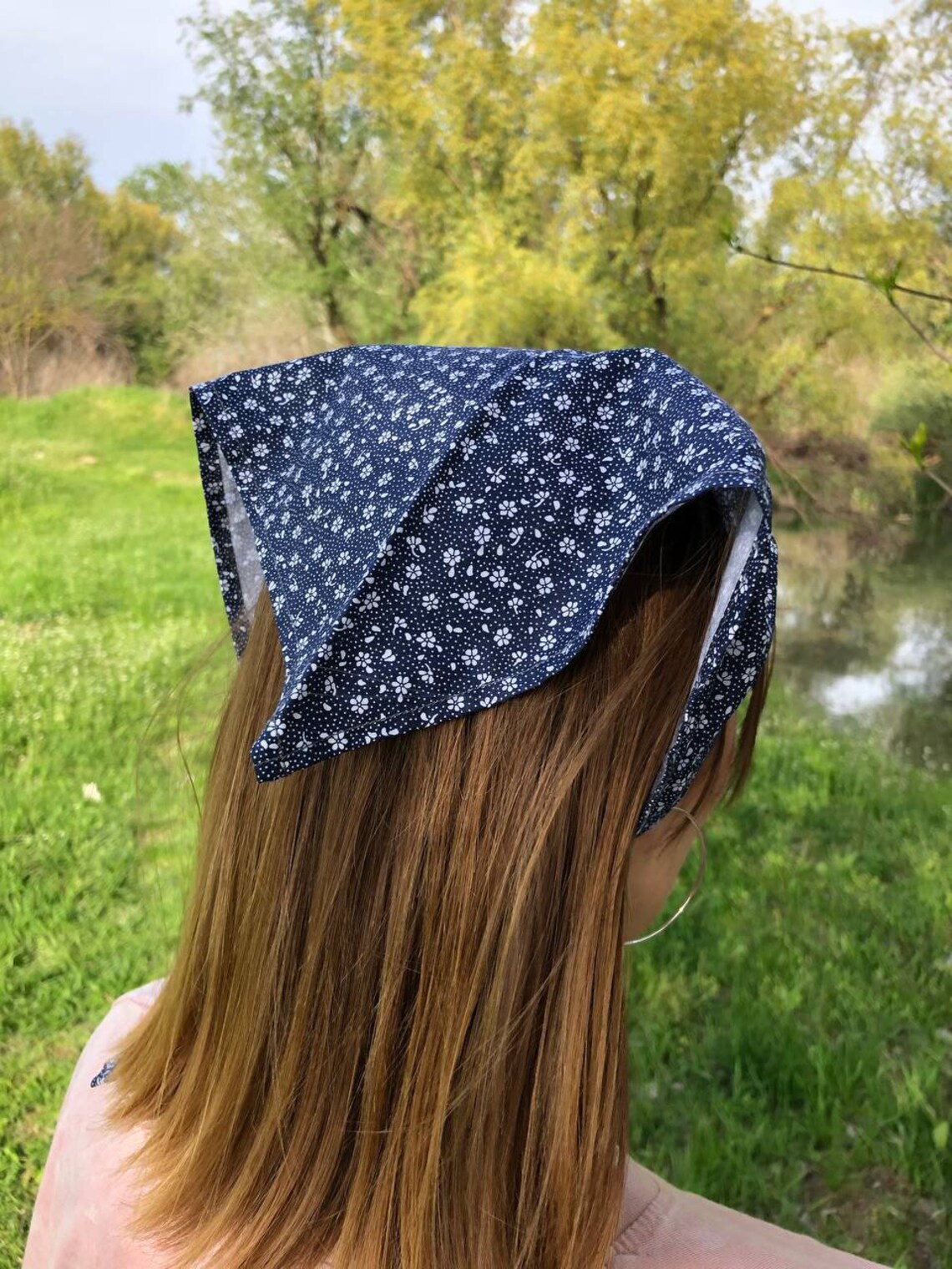 Cottagecore Head Scarf Hair Bandana Dark Blue Floral Kerchief Etsy