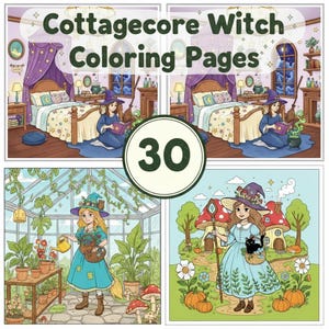 May include: A collection of 30 Cottagecore Witch Coloring Pages. The illustrations feature witches in various settings, including a bedroom, greenhouse, and a whimsical outdoor scene with pumpkins and mushrooms. The pages are filled with detailed drawings.