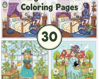 Könnte beinhalten: Eine Sammlung von 30 Cottagecore-Hexen-Malvorlagen. Die Illustrationen zeigen Hexen in verschiedenen Umgebungen, darunter ein Schlafzimmer, ein Gewächshaus und eine skurrile Szene im Freien mit Kürbissen und Pilzen. Die Seiten sind mit detaillierten Zeichnungen gefüllt.