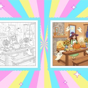 May include: A Halloween-themed illustration featuring a witch preparing a pumpkin on a table. The scene includes pumpkins, sunflowers, and floating ghosts. The image is presented in both color and black and white versions, perfect for coloring.