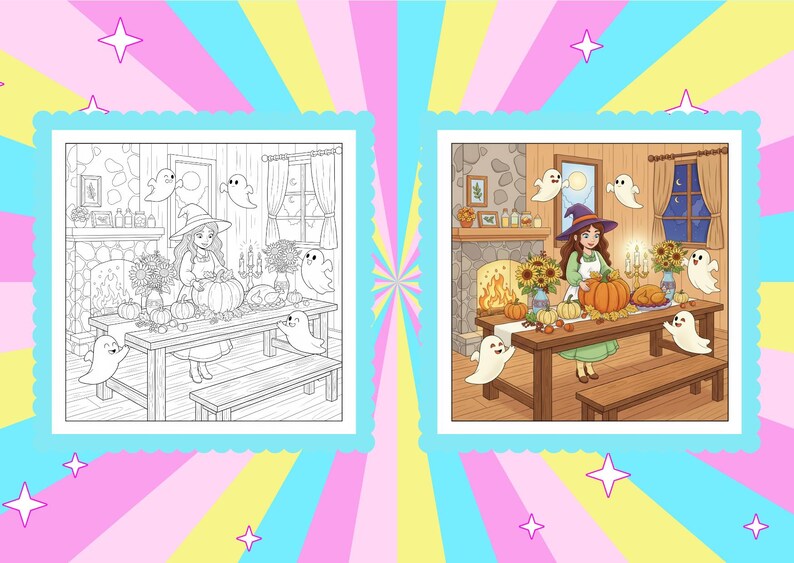 May include: A Halloween-themed illustration featuring a witch preparing a pumpkin on a table. The scene includes pumpkins, sunflowers, and floating ghosts. The image is presented in both color and black and white versions, perfect for coloring.