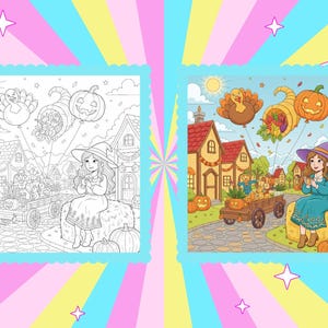 May include: A coloring book page featuring a fall scene with a witch, pumpkins, and a turkey balloon. The colored version shows a witch in a blue dress, sitting on a hay bale, with a town in the background. The black and white version is on the left.