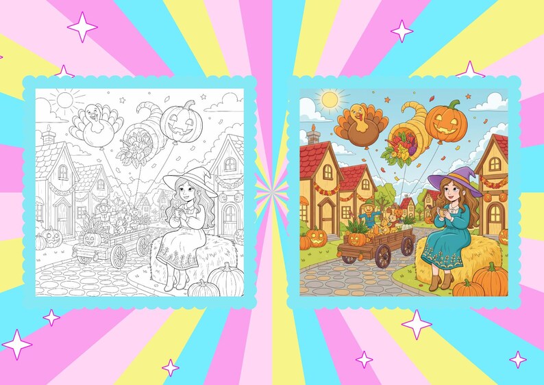 May include: A coloring book page featuring a fall scene with a witch, pumpkins, and a turkey balloon. The colored version shows a witch in a blue dress, sitting on a hay bale, with a town in the background. The black and white version is on the left.