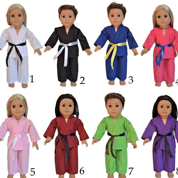 Vêtements de poupée faits main, uniforme de karaté, couleurs assorties, judo TKD, pour poupées fille ou garçon de 18 po.