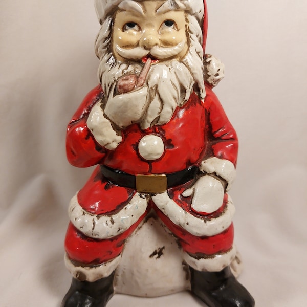 Vintage Santa on Toy Bag with Pipe Figurine/ Christmas/ 1990s/ Plaster