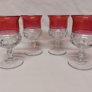 Set of 4 Vintage Indiana Glass King&#39;s Crown / Thumbprint Goblets  / Cranberry  / Ruby / Flash Glass / Drinkware  / Barware