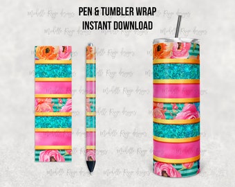 Orange, Pink, Teal Watercolor Flowers, Glitter Stripes, Printable Waterslide Pen Wrap and Tumbler Design, Epoxy Pen Wrap, InkJoy, Instant