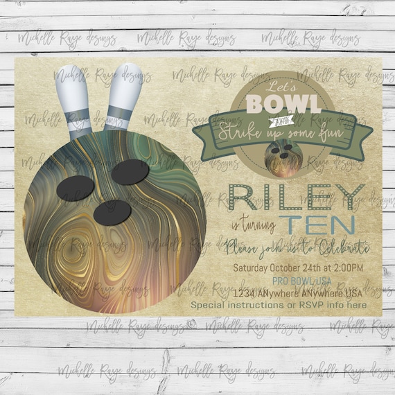 Boys Bowling Birthday Invitation | Boys Tan Bowling Invitation | Lets Bowl and Strike Up Some Fun | Neutral Bowl | Personalize | Printable Il_570xn