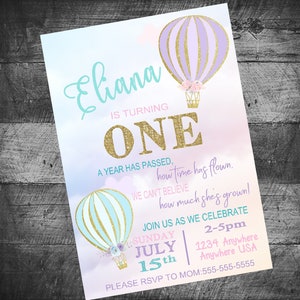 Hot Air Balloon Birthday Invitation Gold Glitter Up & Away Shabby Chic Watercolor Clouds Flowers Personalize Printable image 1