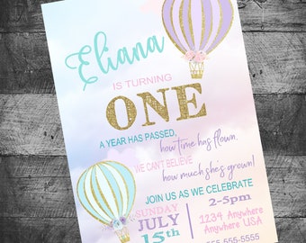 Hot Air Balloon Birthday Invitation | Gold Glitter | Blue and Purple Watercolor Clouds | Flowers | Digital | Personalized | Printable