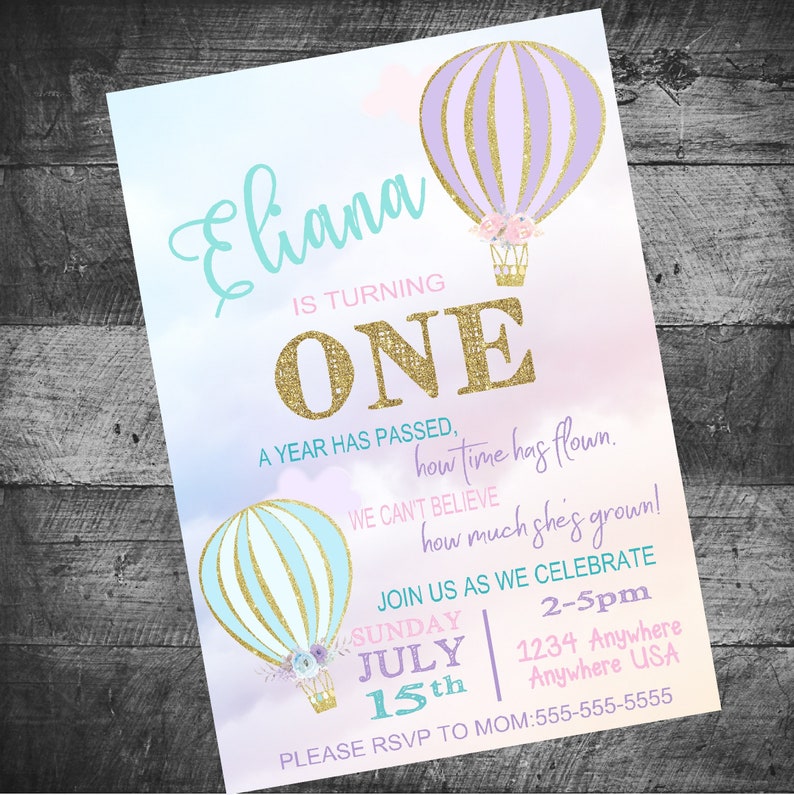 Hot Air Balloon Birthday Invitation Gold Glitter Up & Away Shabby Chic Watercolor Clouds Flowers Personalize Printable image 1