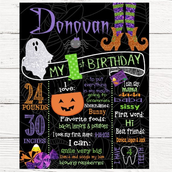 Halloween birthday chalkboard, First birthday Pumpkins, Fall, Sign, Halloween chalkboard, Chalk, glitter, Poster Board digital Sign Il_570xn