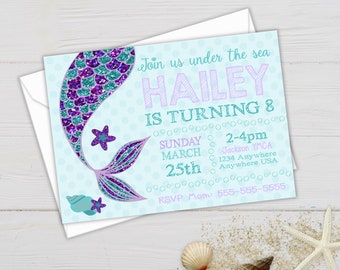Mermaid Invite, Mermaid Party, Glitter Mermaid Tail, Birthday Invitations, Under the Sea, Printable Invitations, Birthday Invitation