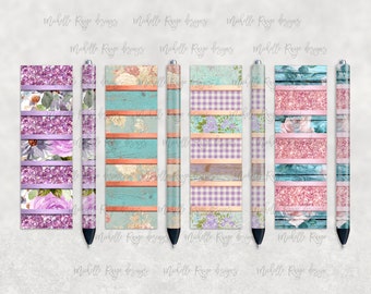 Shabby Chic Floral, Glitter Stripes, Printable Waterslide Pen Wrap Design, Epoxy Pen Wrap, InkJoy, PNG, Instant Download, Mockup Included