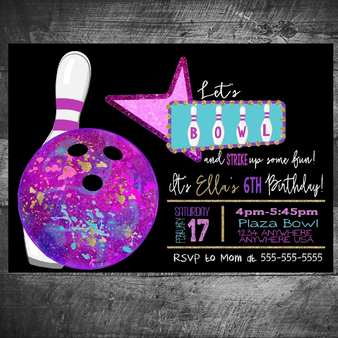 Bowling Birthday Party Invitation Cosmic Bowling Party | Etsy