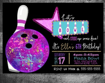 Bowling Birthday Party Invitation | Cosmic Bowling Party | Black Light Bowling | Retro Bowling Invite | Printable | Personalize | Digital