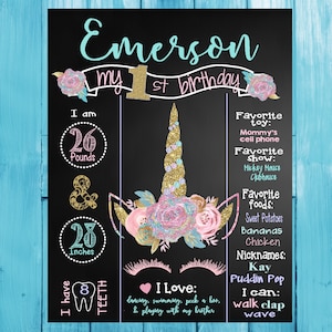 Unicorn Birthday Sign | Pink and Gold Glitter First Birthday Chalkboard | Printable | Digital | Birthday Stats Poster | Personalized