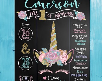 Unicorn Birthday Sign | Pink and Gold Glitter First Birthday Chalkboard | Printable | Digital | Birthday Stats Poster | Personalized