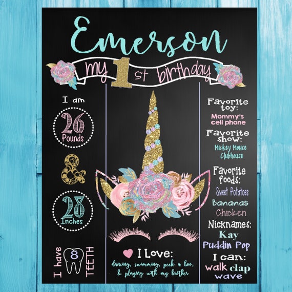 Unicorn birthday indicator, red and gold 1st birthday image regarding First Birthday Chalkboard Printable named Unicorn birthday indication, red and gold to start with birthday
