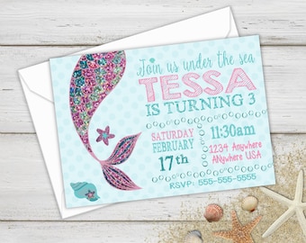 Birthday Invitations, Mermaid Birthday Party, Mermaid Invite, Birthday Party Invitations, Mermaid Party, Birthday Party, Birthday Invites