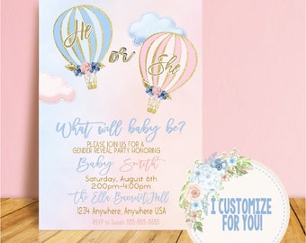 Hot air Balloon Gender Reveal  Invitation, he or she, adventure awaits, Invite blue or pink  printable  blue blush pink gold Glitter, 1113