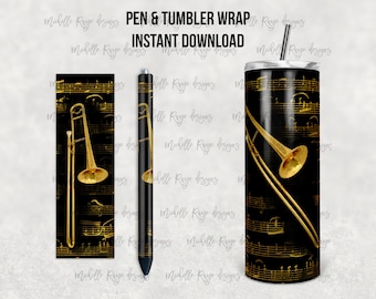 Trombone Musical Instrument, Sheet Music, Waterslide Pen Wrap and Tumbler Design, Epoxy Pen Wraps, InkJoy, PNG, Instant, Mockup Included