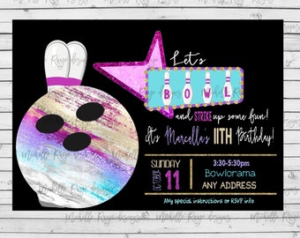 Bowling Birthday invitation Bowling Party invitation Bowling Invitation Strike Bowling Party Bowling Party Girl  Bowling invite gltter