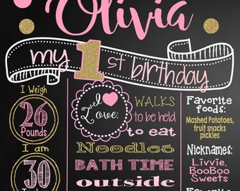 Pink and Gold Glitter First Birthday Chalkboard Poster | Girl 1st Birthday Chalkboard | Sign | Glitter Polka Dots | Printable | Digital