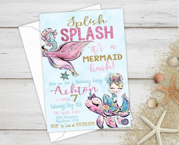 Birthday Party Invitations, Mermaid Birthday, Birthday Invites, Birthday Invitations, Mermaid Party, Under the Sea, Splish Splash, Mermaid Il_570xn