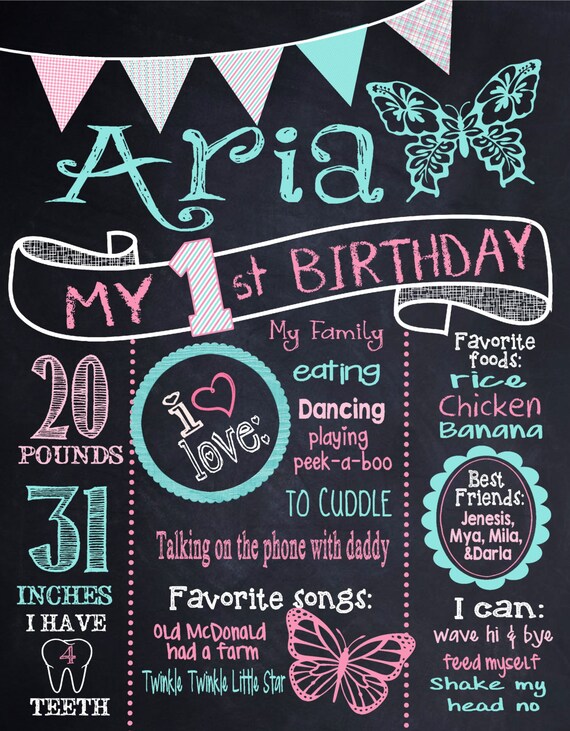 First Birthday Butterfly Board, Butterfly Chalkboard, Butterfly Chalk sign, First Birthday, Butterfly, Sign Printable Size 16x20 photo prop Il_570xn