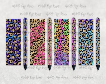 May include: Six different designs of leopard print with gold glitter and a colorful watercolor background. Each design is printed on a black pen.