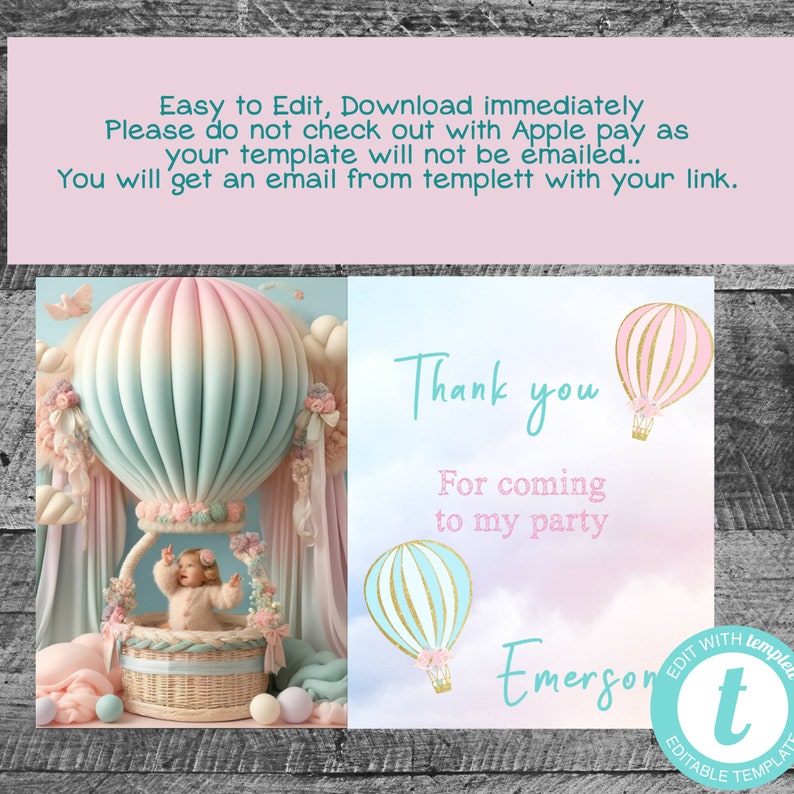 Hot air balloon Thank you cards, hot air balloons , Birthday Thank you, Thank You Notes, Thank You Cards, Birthday Party, Edit yourself image 1
