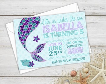 Mermaid Birthday Party, Mermaid Invite, Birthday Invitations, First Birthday Mermaid, Under the Sea, Birthday Party Invitations, Glitter