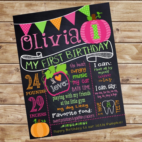 Pumpkin birthday sign, First birthday Pumpkins,pumkin, Farm carnival Pink chalkboard, Chalk, pink fair, Poster Board Sign Size 16x20 Il_570xn