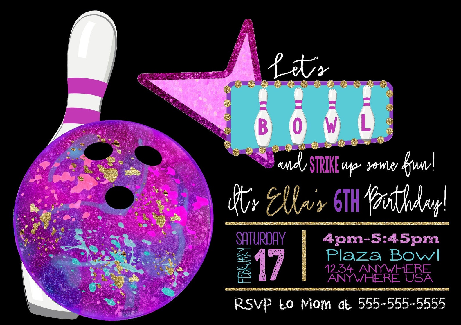 Bowling Birthday Party Invitation Cosmic Bowling Party - Etsy