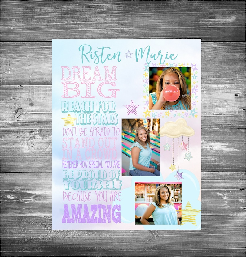 Puede incluir: Un p&oacute;ster motivacional azul claro y rosa con el texto "Risten Marie Dream Big Reach for the Stars Don't be afraid to stand out in a crowd Remember how special you are Be proud of yourself because you are amazing". El p&oacute;ster presenta tres fotos de una joven.