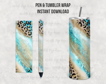 Teal Beach Leopard Print Milky Way, Brush Strokes, Printable Waterslide Pen Wrap, Tumbler Design, Epoxy Pen Wrap, InkJoy, Instant
