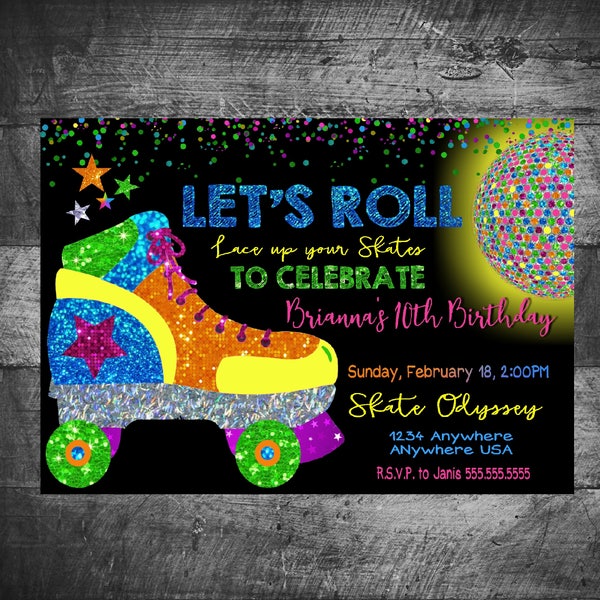 Neon Roller Skating Birthday Party Invitation | Neon Skate Party Invite | Disco Ball | Neon Rainbow | Printable | Personalized | Digital