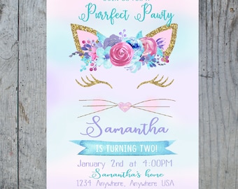 Kitten Birthday Party Invitation | Kitten Birthday Invite | Kitty Birthday Party | Watercolor | Floral Crown | Gold Glitter | Printable