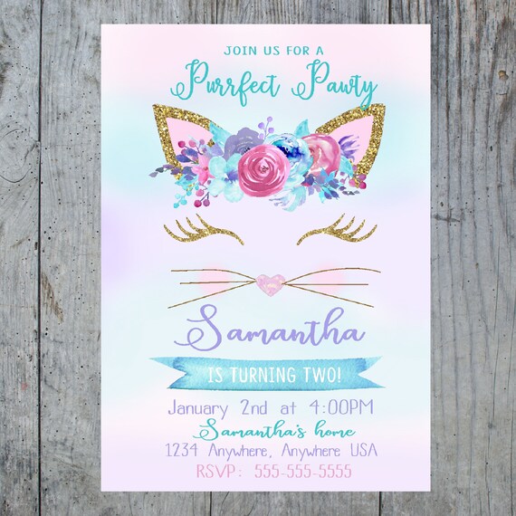 Kitten invitation, Kitten Birthday invite, Kitty Birthday or Baby Shower, Kittens, Birthday Invitation, Mint green Purple, Gold Il_570xn