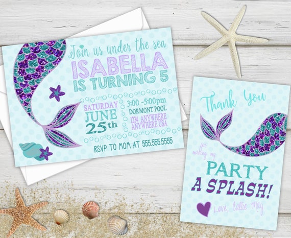 Mermaid Birthday, Birthday Invitations, Thank You Cards, Mermaid Party, Birthday Party Invitations, Thank You Notes, Mermaid Invite, Glitter Il_570xn