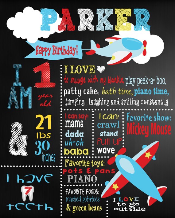 Custom airplane transportation first Birthday chalk Poster Board Sign Printable Size 16x20 photo prop Il_570xn