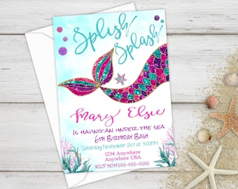 Mermaid Invitation, Mermaid Birthday Invitations, Mermaid Party, Under the Sea Invitation, Birthday Party Invitations, Birthday Invitations