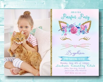 Kitten Birthday Invitation | Kitten Birthday Invite | Kitty Birthday | Baby Shower | Add Picture | Watercolor Flower Crown | Personalized